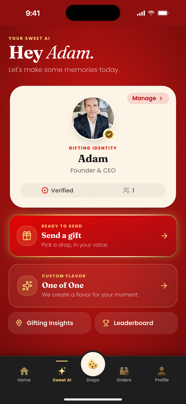 The app's Sweet AI screen, showing Adam's verified signature