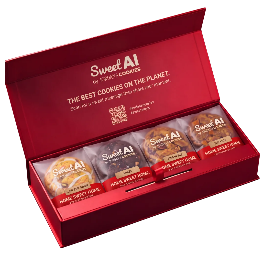 The Sweet AI Holiday Drop box, open, with 4 wrapped cookies and a QR code printed inside the lid